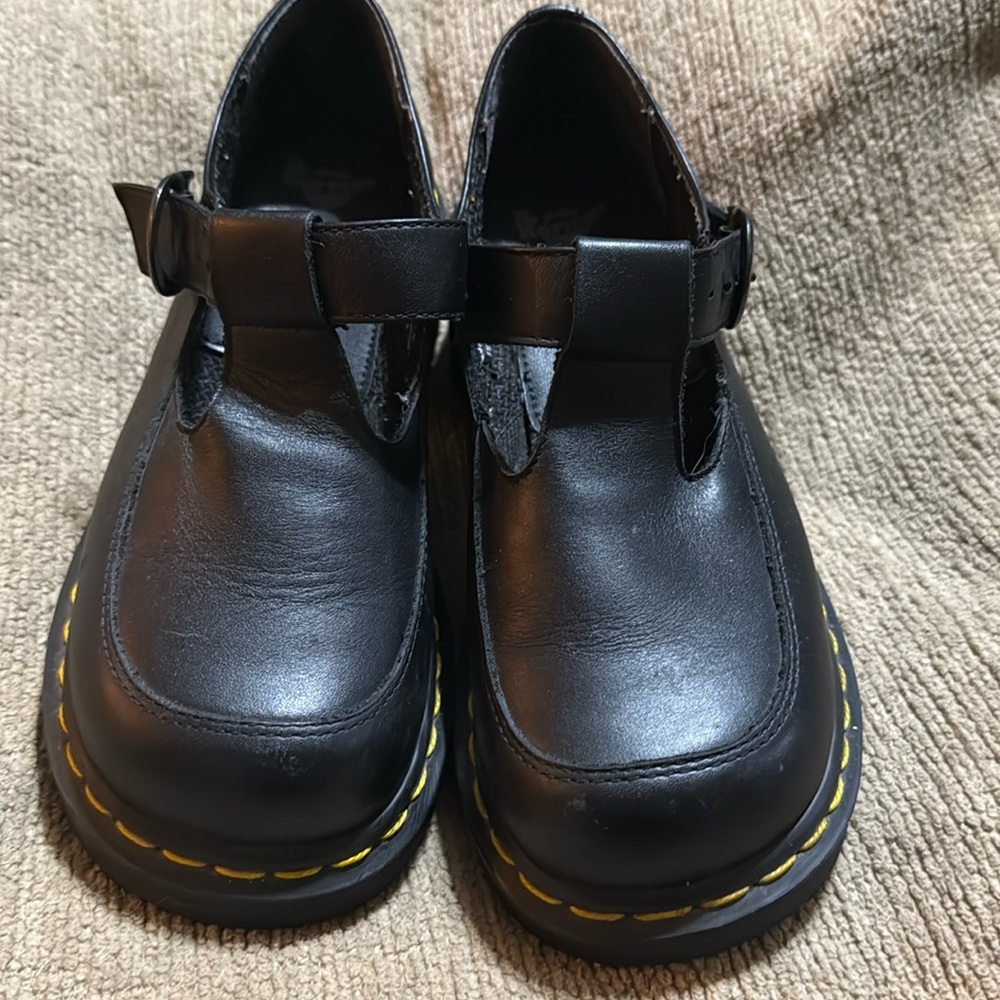 Dr. Marten Bethan T-Bar Platform Smooth Polished Leather Clog Platform Shoes
